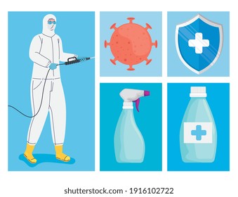 conjunto de cinco desinfectantes para covid19 set iconos vectorial diseño de ilustración