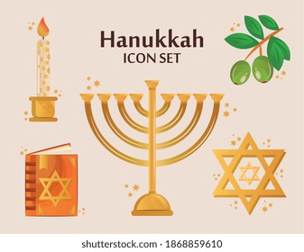 bundle of five hanukkah set icons and lettering vector illustration design