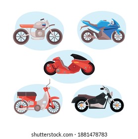 bundle of five motorcycles vehicles differents styles vector illustration design