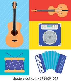 bundle of five musical instruments set icons vector illustration design
