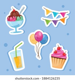 bundle of five party birthday icons vector illustration design