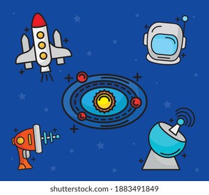 bundle of five space set line and fill style icons vector illustration design