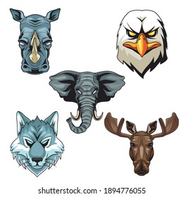 bundle of five wild animals heads characters vector illustration design