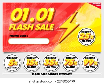 venta de flash de paquete 01.01 banner desconteo amarillo rojo con pegatina de elemento 5%,15%,25%,35%,75%