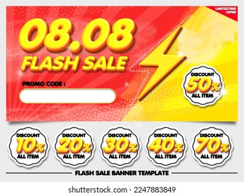 venta de flash de paquete 08.08 banner desconteo amarillo rojo con pegatina de elemento 10%, 20%, 30%, 40%, 50%, 70%