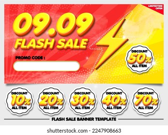 bundle flash sale 09.09 banner diiscount red yellow with element sticker 10%, 20%, 30%, 40%, 50%, 70%