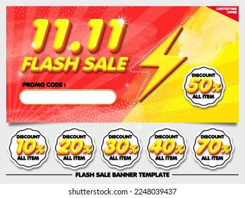 bundle flash sale 11.11 banner diiscount red yellow with element sticker 10%, 20%, 30%, 40%, 50%, 70%