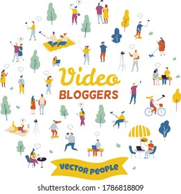 Bundle of flat characters isolated on white background. People bloggers creating content and posting it on social media. Blogging and vlogging set.  Flat vector illustration.