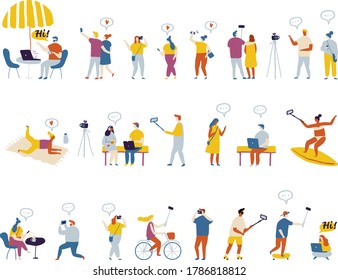 Bundle of flat characters isolated on white background. People bloggers creating content and posting it on social media. Blogging and vlogging set.  Flat vector illustration.
