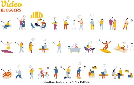 Bundle of flat characters isolated on white background.  People bloggers creating content and posting it on social media. Blogging and vlogging set.  Flat vector illustration.