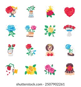 Bundle of Flat Style Blooming Flowers Stickers 

