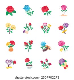 Paquete de pegatinas de flores florecientes de estilo plano 

