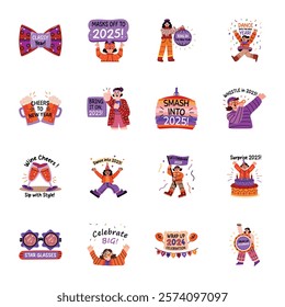 Bundle of Flat Style New Year Celebration Stickers 

