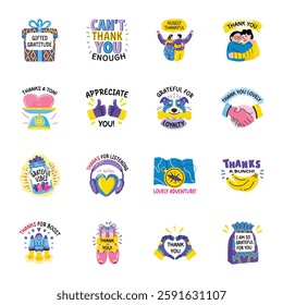 Bundle of Flat Style Thank You Typography Stickers 


