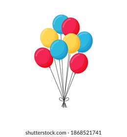 The bundle of flight up color helium balloons on a white background. Realistic colorful design elements in red, yellow, blue.