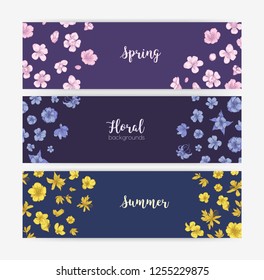 Bundle of floral banner templates with spring and summer blooming wild flowers and flowering plants. Set of decorative natural backdrops. Seasonal botanical vector illustration in vintage style.