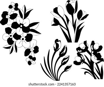 Bundle of Floral leaves and Flower isolated vector isolated Silhouettes.