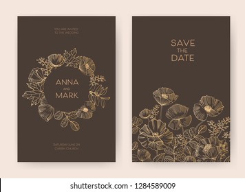 Bundle of floral Save the Date card and wedding invitation templates with blooming garden flowers hand drawn with contour lines on dark background and place for text. Elegant vector illustration.