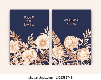 Bundle of floral templates for Save the Date card or wedding invitation decorated with blooming garden flowers hand drawn with contour lines on dark background. Realistic vector illustration.