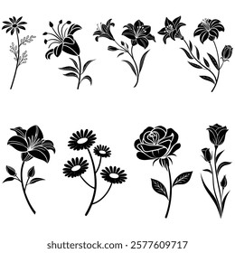 Bundle flowers icon silhouette and illustrator eps