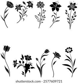 Bundle flowers icon silhouette and illustrator eps