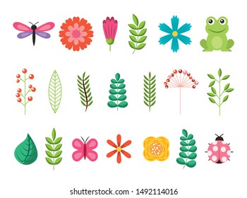 bundle of flowers with leafs and animals garden vector illustration design