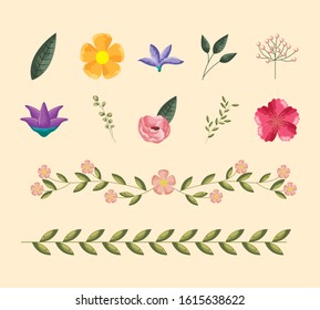 bundle of flowers and leafs spring season icons vector illustration design