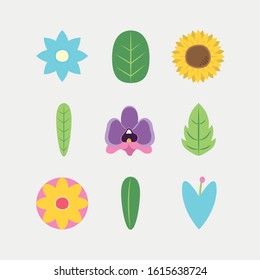 bundle of flowers and leafs spring season icons vector illustration design
