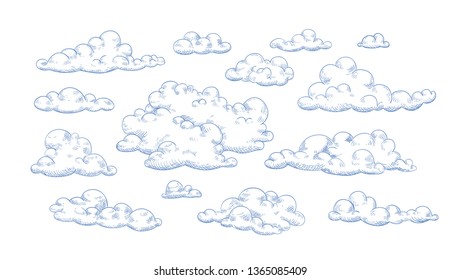 Bundle of fluffy clouds drawn with contour lines. Collection of romantic decorative design elements isolated on white background. Elegant vector illustration for weather forecast.