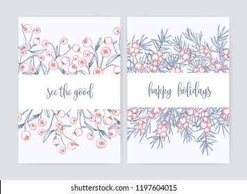 Bundle of flyer or postcard templates with forest cranberries and juniper branches with berries hand drawn with contour lines on white background and holiday wish. Monochrome vector illustration.