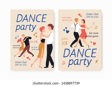 Bundle of flyer or poster templates for choreography school or studio, dance party, show or performance with pairs of elegant men and women dancing tango. Flat cartoon colorful vector illustration.