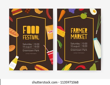 Bundle of flyer or poster templates for food festival or farmer market decorated with fruits, vegetables, snacks, dairy and bakery products. Colorful vector illustration for event announcement