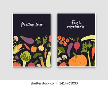 Bundle of flyer or poster templates with fresh ripe organic vegetables and place for text. Healthy vegan food or locally grown crops advertisement. Colorful vector illustration in modern flat style. Bundle of flyer or poster templates with fresh ripe organic vegetables and place for text. Healthy vegan food or locally grown crops advertisement. Colorful vector illustration in modern flat style.