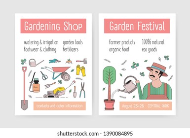 Bundle of flyer or poster templates with gardener in hat watering tree, gardening tools and agriculture equipment. Modern vector illustration in linear style for market or festival advertisement.
