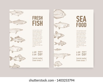 Bundle of flyer templates with fish and place for text. Cards with aquatic creatures, sea and ocean animals. Monochrome realistic vector illustration in vintage style for seafood market promotion.