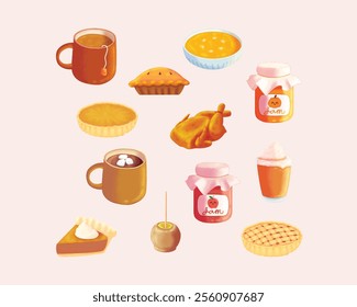 Bundle of food and beverage on fall season. Set of jam jar, pumpkin pie, pumpkin soup, roasted chicken, hot chocolate marshmallow, caramel apple, pumpkin spice latte, hot tea on hand drawn style