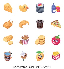 Bundle of Food Items Isometric Icons 

