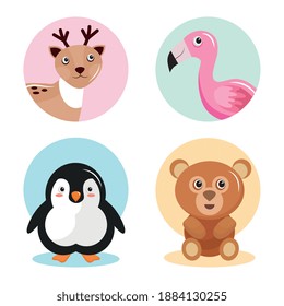 bundle of four animals kawaii characters vector illustration design