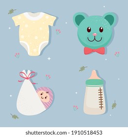 bundle of four baby shower celebration icons vector illustration design