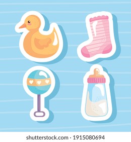 bundle of four baby shower icons vector illustration design