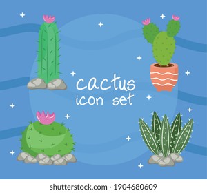 bundle of four cactus plants and lettering set icons vector illustration design