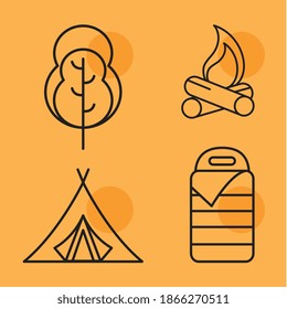 Bundle von vier Camping-Set-Symbolen auf gelbem Hintergrund, Vektorgrafik-Design
