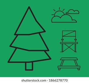 conjunto de cuatro iconos de conjunto de camping en el diseño de ilustración vectorial de fondo verde