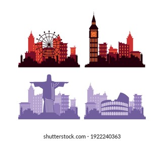bundle of four cities silhouettes scenes vector illustration design
