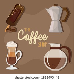 conjunto de cuatro deliciosos iconos de juego de bebidas y diseño de ilustraciones vectoriales con letras