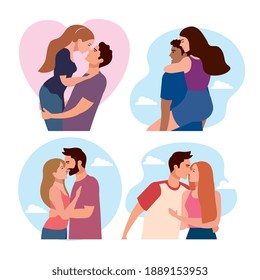 bundle of four couples lovers characters vector illustration design