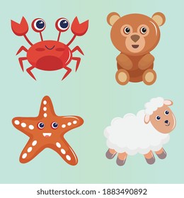 bundle of four cute animals kawaii characters vector illustration design