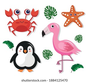 conjunto de cuatro lindos animales kawaii personajes y folletos diseño de ilustraciones vectoriales