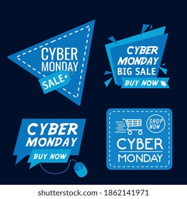 bundle of four cyber monday banners in blue background vector illustration design