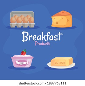 bundle of four delicious breakfast set products icons vector illustration design